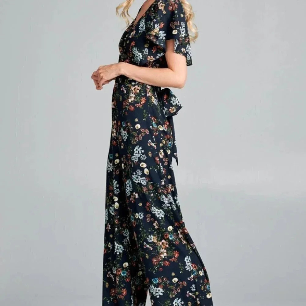 Flutter Sleeve Navy Floral Deep V-Neck Romper - Picture 3 of 9